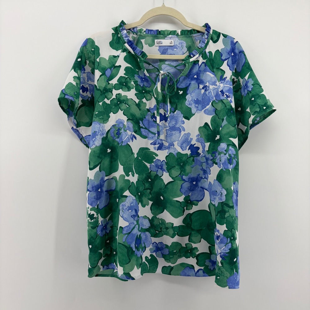 Croft & Barrow Womens Green Blue White Floral Print Ruffle Neck‎ Tie Blouse XL